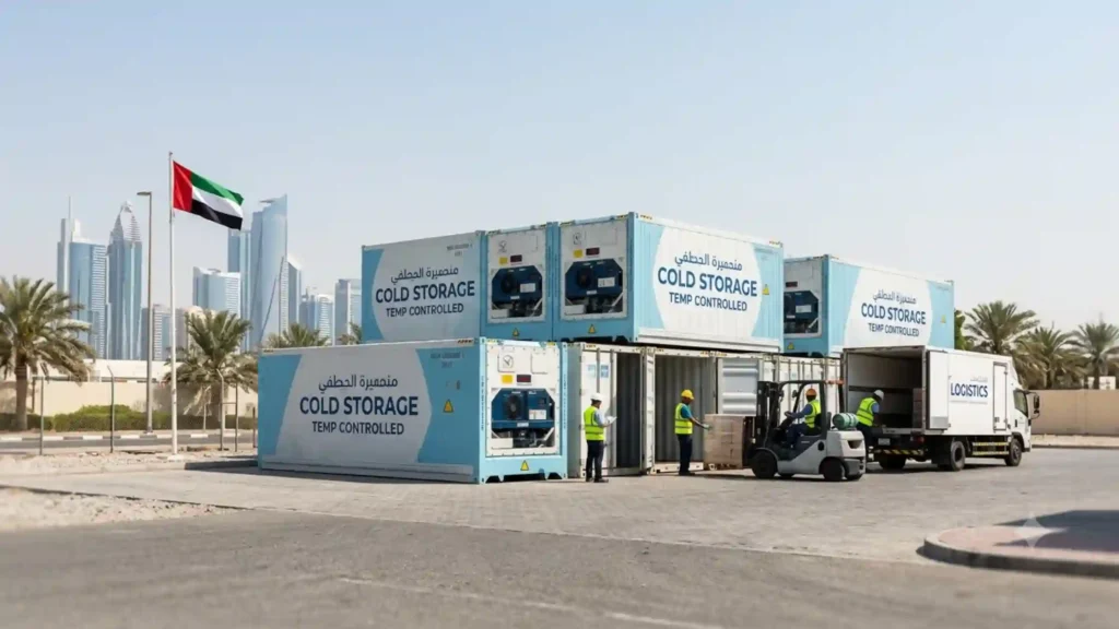  Interior view of a brightly lit container cold room lined with shelves full of fresh fruits and vegetables. Two workers in high-visibility vests and hard hats manage the produce; one checks inventory on a tablet while the other handles a box. A digital wall monitor displays a temperature of -18.5°C, with the Dubai skyline visible through the open container doors.
