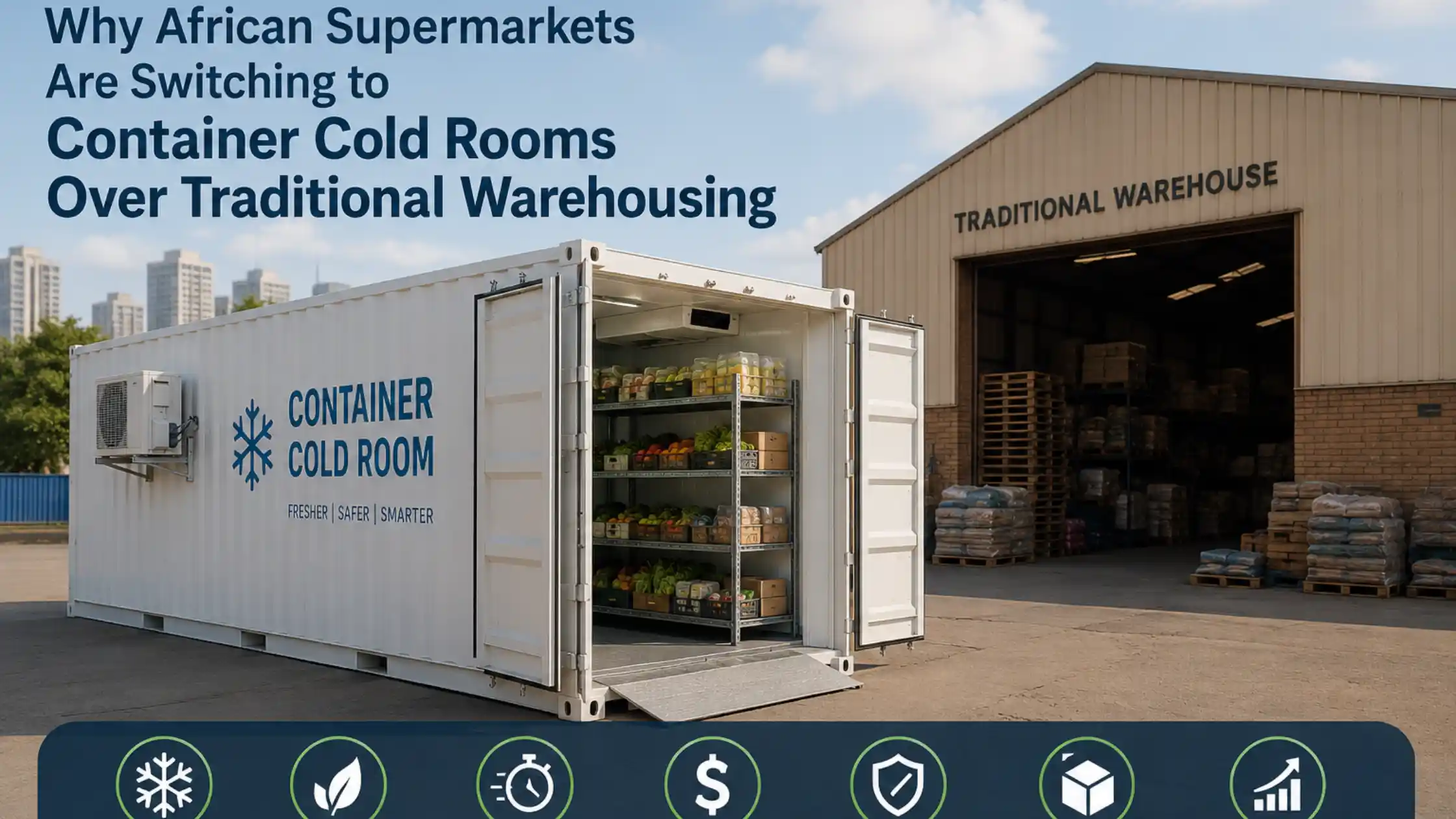 Modern African supermarket using a refrigerated shipping container cold room for storing fresh fruits, vegetables, dairy, and frozen products, illustrating the shift from traditional warehousing to efficient cold chain storage.