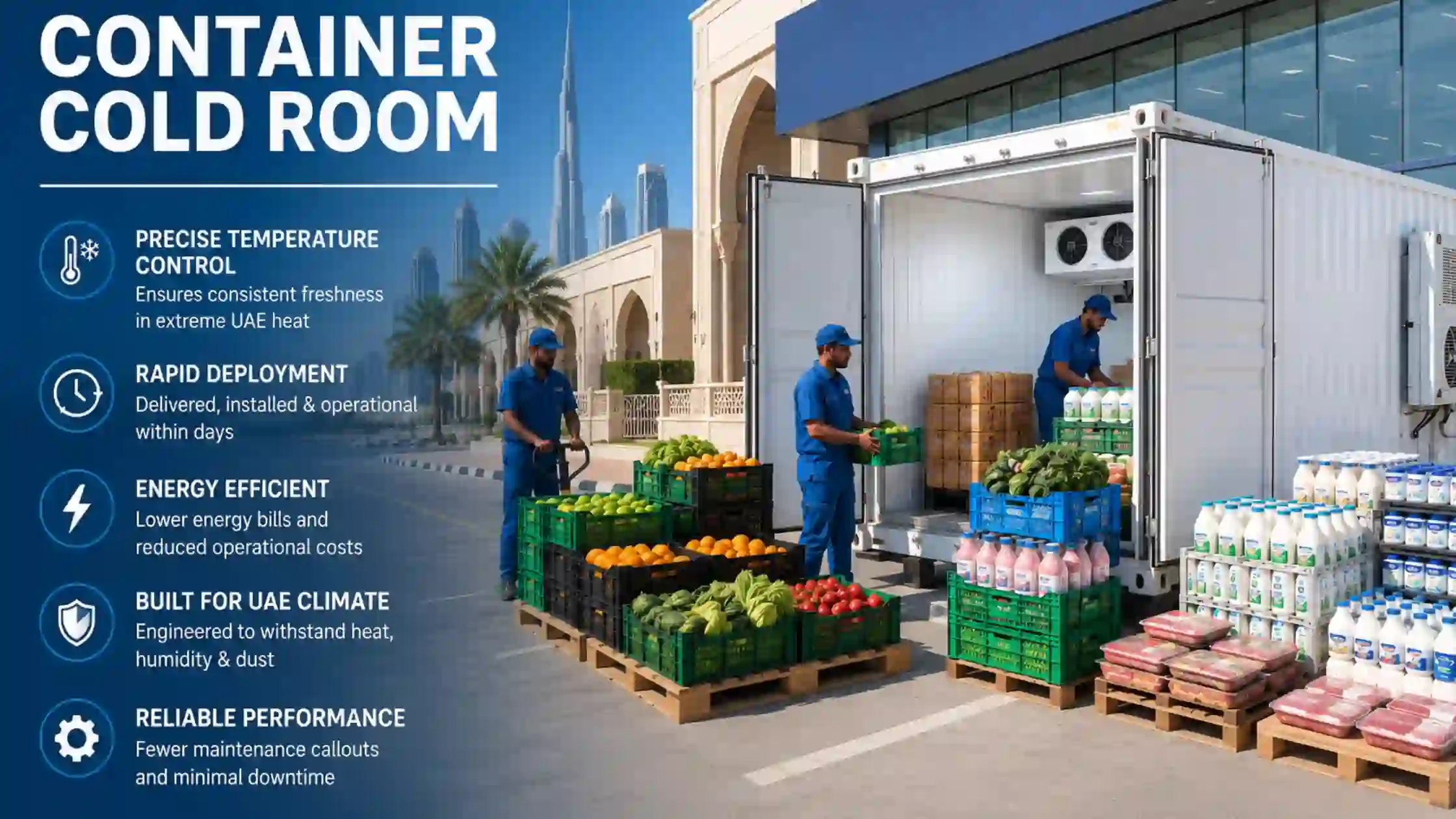 Commercial container cold room for storing dairy, meat, vegetables, and frozen products.