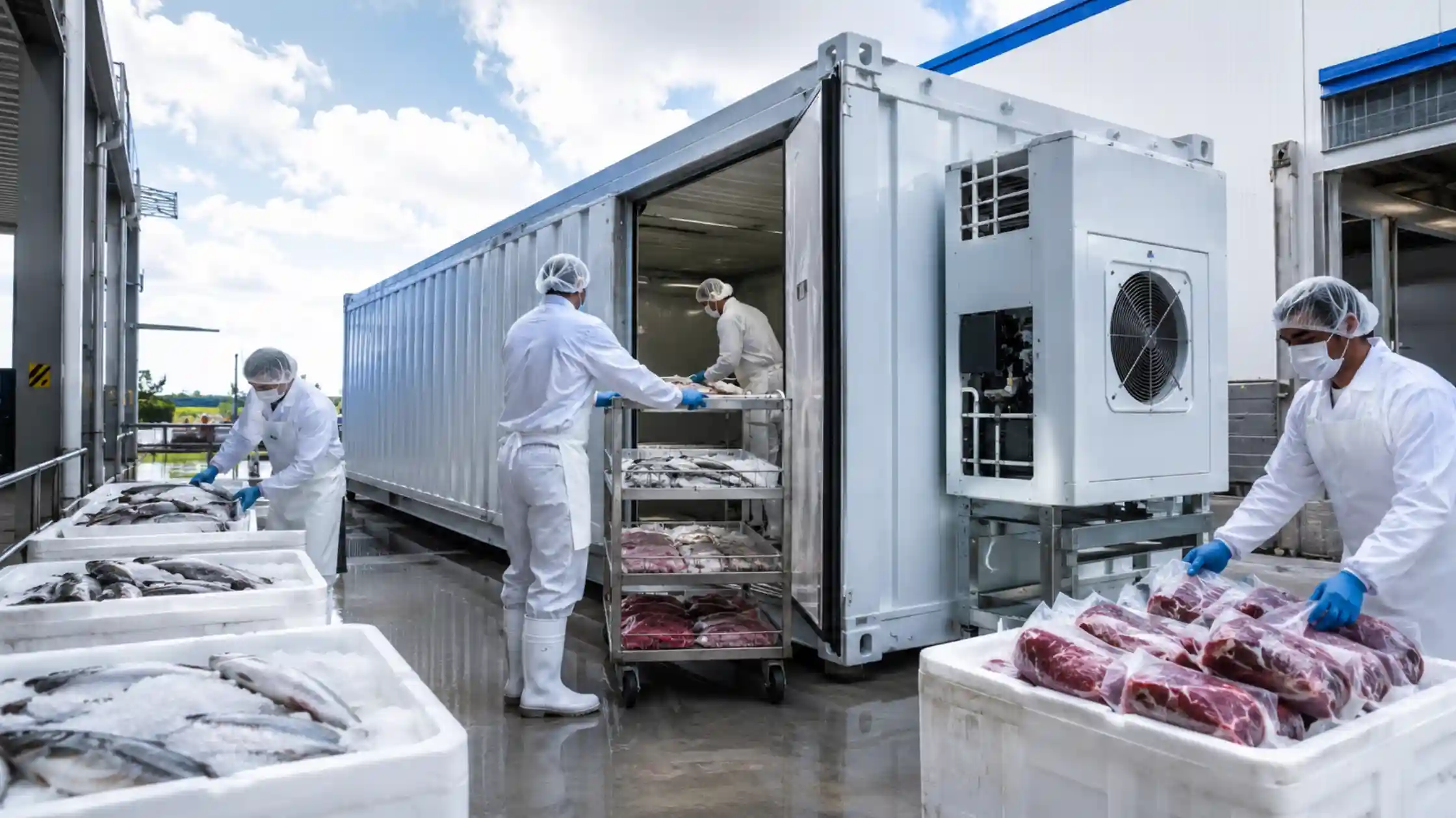 Container Cold Rooms used for seafood and meat storage at a modern food processing facility.