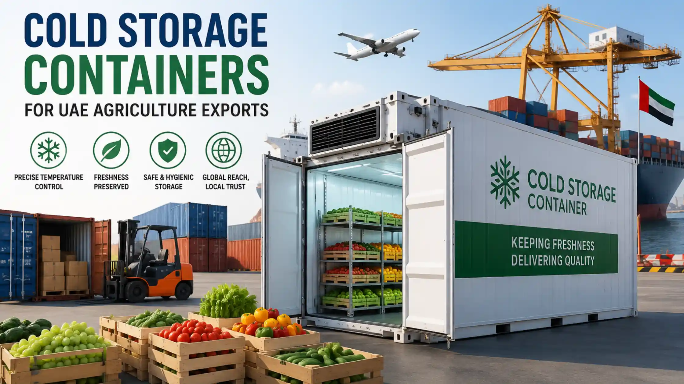 Cold storage container in the UAE used to preserve freshly harvested fruits and vegetables.