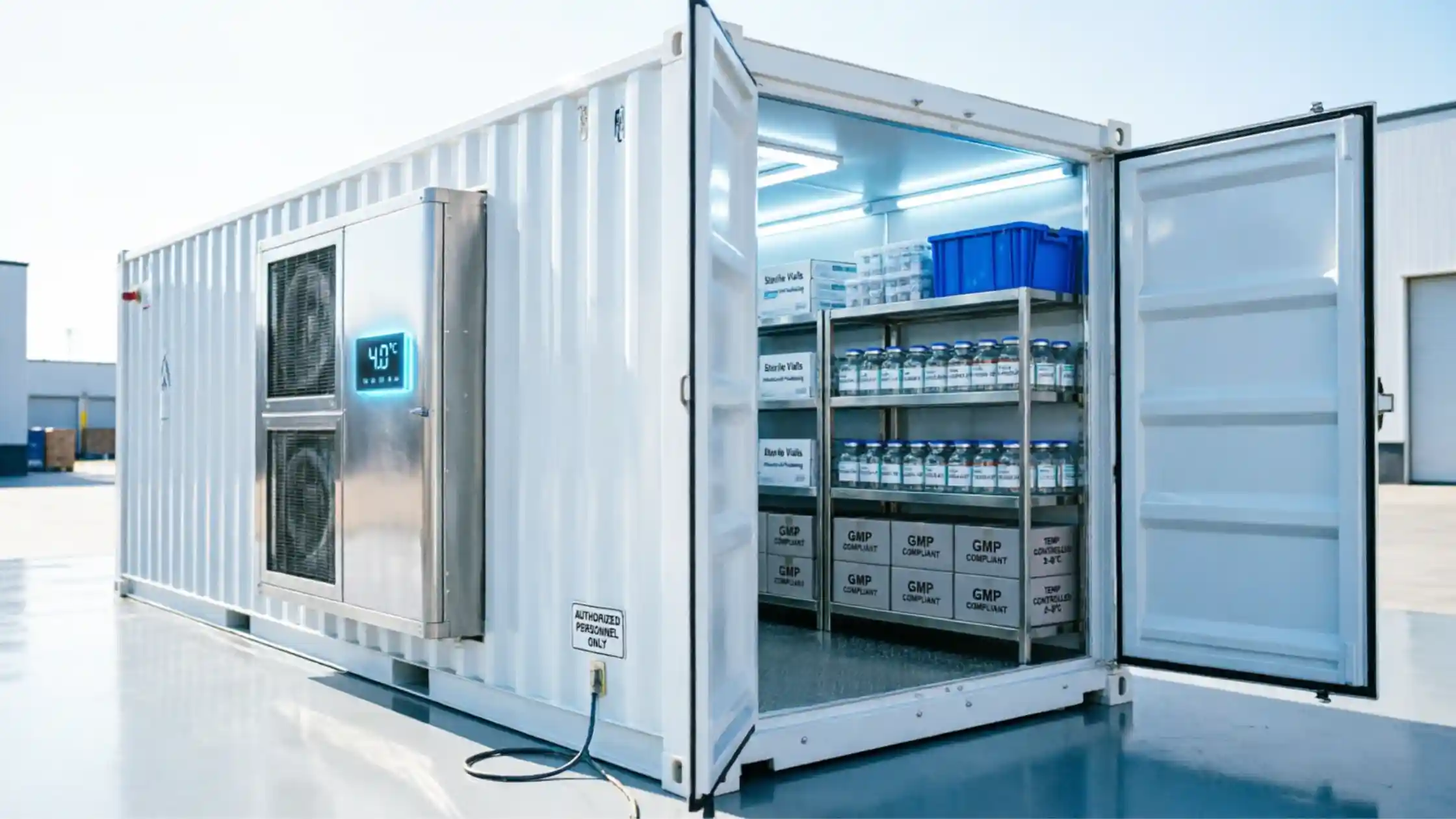 Container cold room for pharmaceutical storage with temperature monitoring panel, UAE