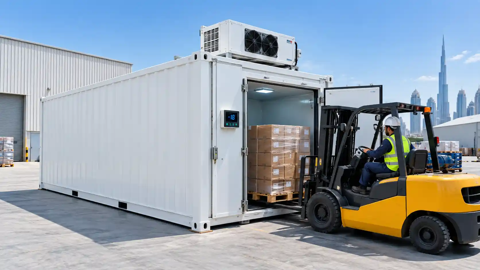 Container cold room in Dubai being loaded with goods at an industrial storage yard